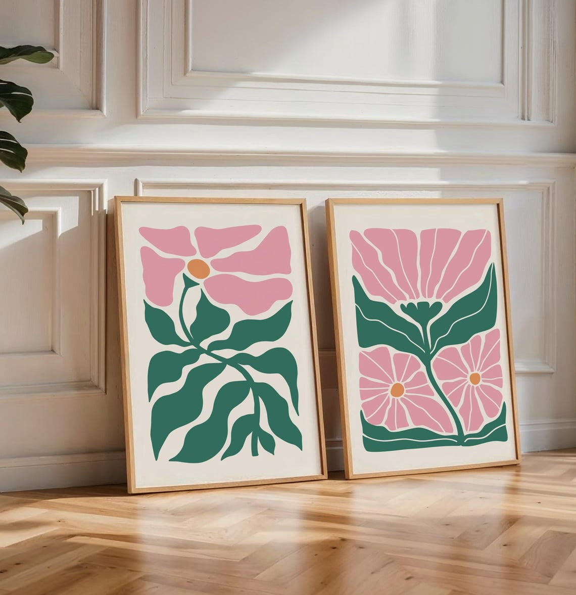 Abstract Pastel Pink Green Flowers Retro Floral Wall Art Set 2 ...