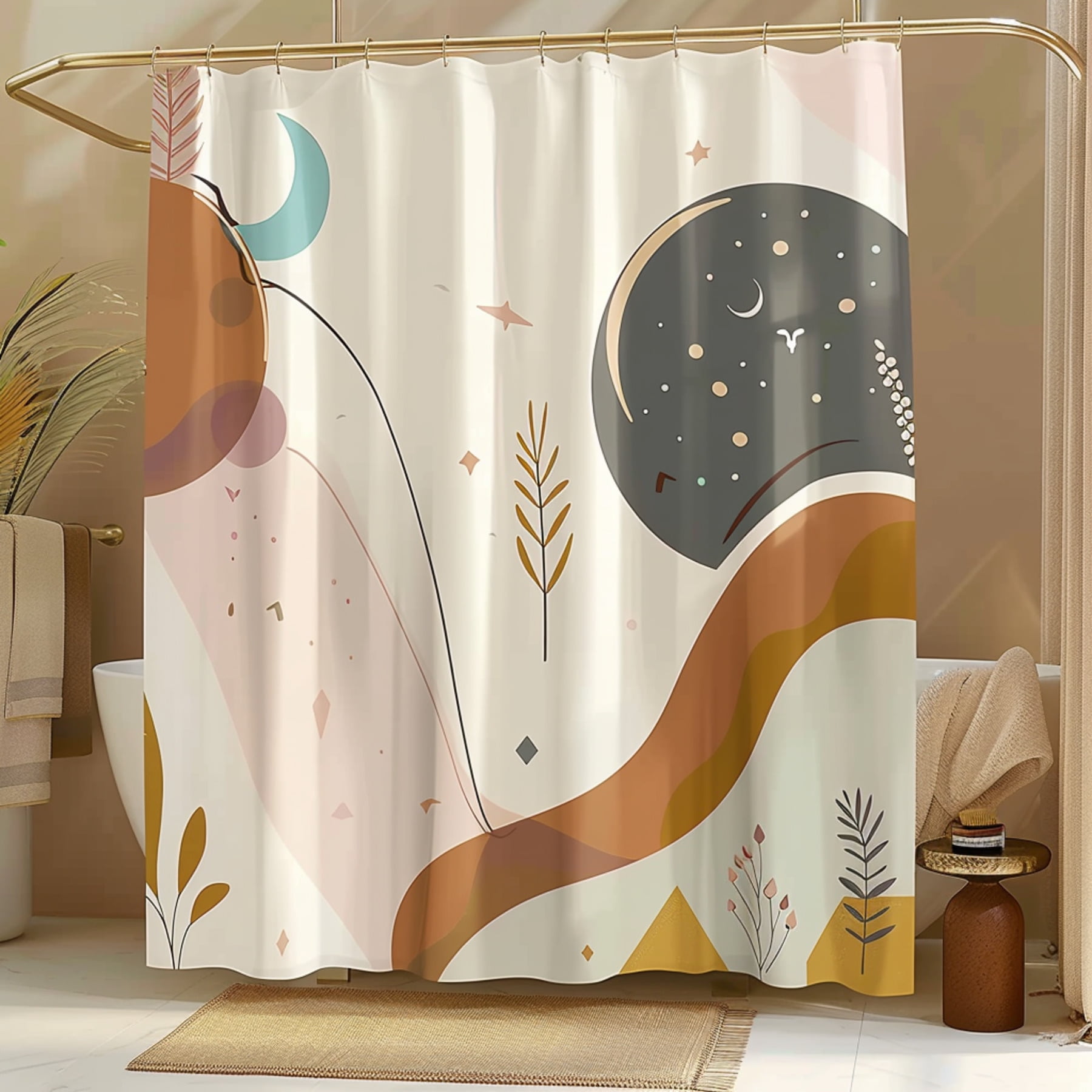Abstract Pastel Rainbow Moon Boho Shower Curtain with Earthy Tones and ...