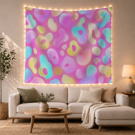 Abstract Pastel Shapes on Vibrant Pink Background, Whimsical Psychedelic Style for Kids and Teens, Retro Art Decor Phrase, Housewarming Gift, Tapestry Wall Hanging for Bedroom and Dorm