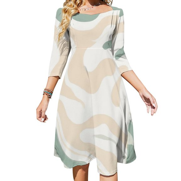 Abstract Pastel Wavy Design Background Women's 3/4 Sleeve Dresses Elegant A-Line Midi Dress Flare Summer Casual Sundress