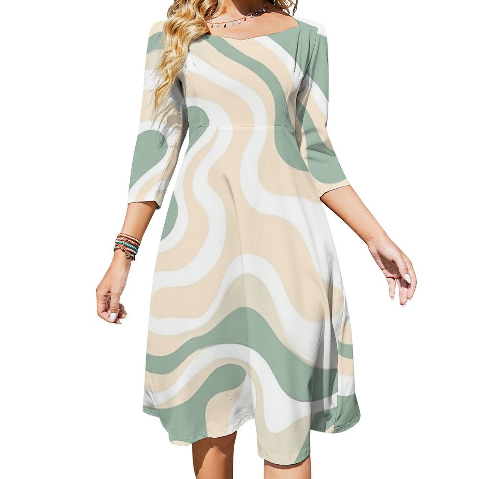 Abstract Pastel Wavy Design Flare Dress Square Neck Dress Elegant Abstract Pastel Wavy Design Flare Dress Square Neck Dress Elegant