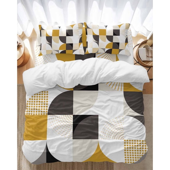 Abstract Patchwork Bedding Duvet Cover Set Full Size 4 Pieces Yellow Gray Geometric Soft Twill Plush Quilt Cover, Include 1 Duvet Cover 1 Flat Sheet And 2 Pillow