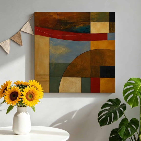 Abstract Patchwork Canvas Wall Art, Modern Oil Painting Geometric Color Block Framed Canvas Wall Decor Picture Print Artwork Decorations for Living Room Office Ready to Hang 8" x 8"
