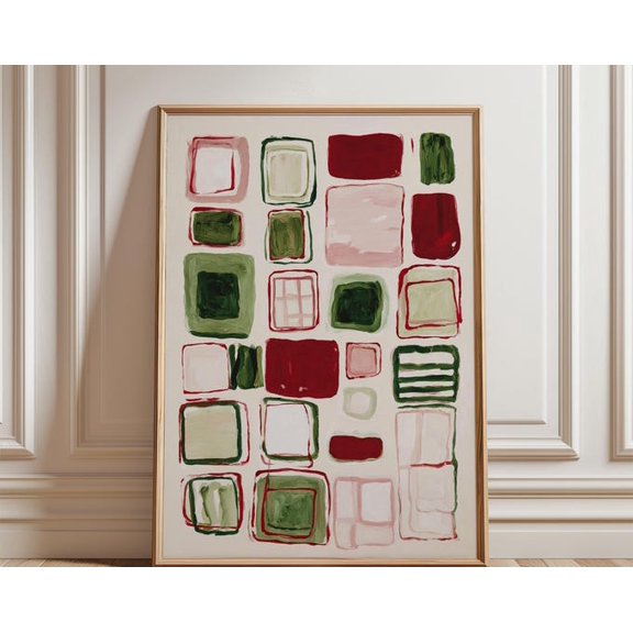 Abstract Patchwork Green Red Painted Squares Modern Geometric Wall Art, Unframed Paper Poster 8x10in