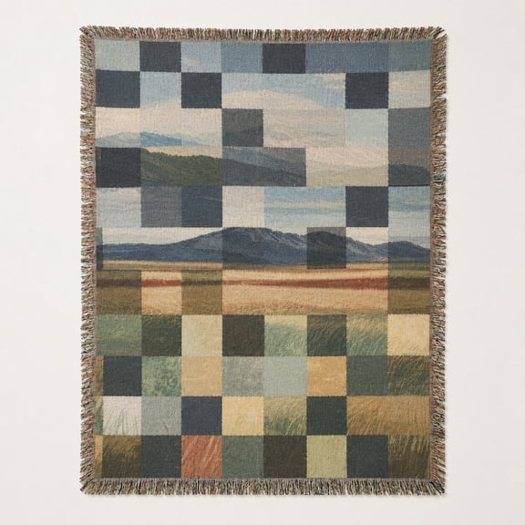 Abstract Patchwork Landscape Blue, Green and Tan Woven Blanket, 100% Cotton, Modern Home Decor