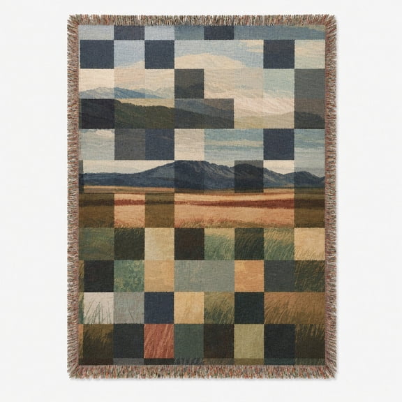 Abstract Patchwork Landscape in Blue, Green and Tan Woven Blanket, 100% Cotton, Modern Sofa or Bed Decor