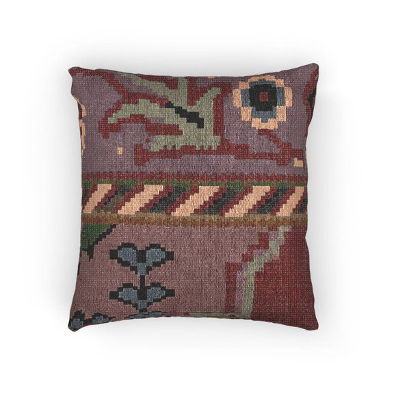 Abstract Patchwork Red, Purple and Green Decorative Woven Pillow, Cotton-Polyester Shell, Eclectic Geometric Style