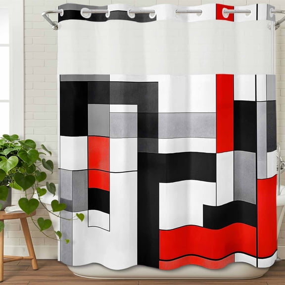 Abstract Patchwork Square No Hook Shower Curtain with Snap in Liner Set,Modern Geometric Red White Black Waterproof Fabric Shower Curtains with See Through Top Window for Bathroom,72Wx72L