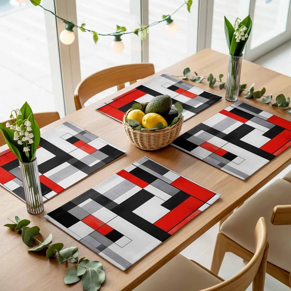 Abstract Patchwork Square Placemats Set of 4,Wipeable Washable Table Mats for Dining Tables, Modern Geometric Red White Black Place Mats for Kitchen Event Party Tabletop Decor