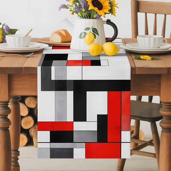 Abstract Patchwork Square Table Runner 70 Inches Long, Modern Geometric Red White Black Table Runners Tabletop Scarf Kitchen Dining Tables Decoration for Home Party Indoor Outdoor