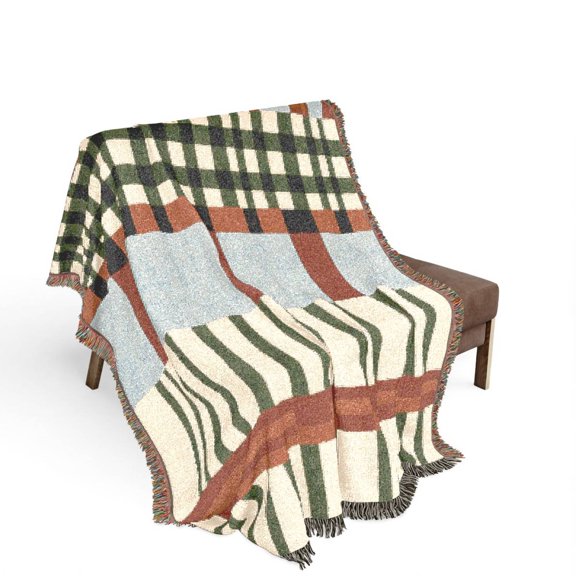 Abstract Patchwork Stripe and Check Woven Blanket, Muted Rust, Olive and Gray, 100% Cotton, Modern Home Decor