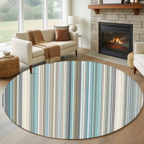 Abstract Pattern 8' Round Rug for Open Concept Living Room Seating Zone, Colorful Stripes Modern Style Retro Washable Non Slip Large Circle Area Rug