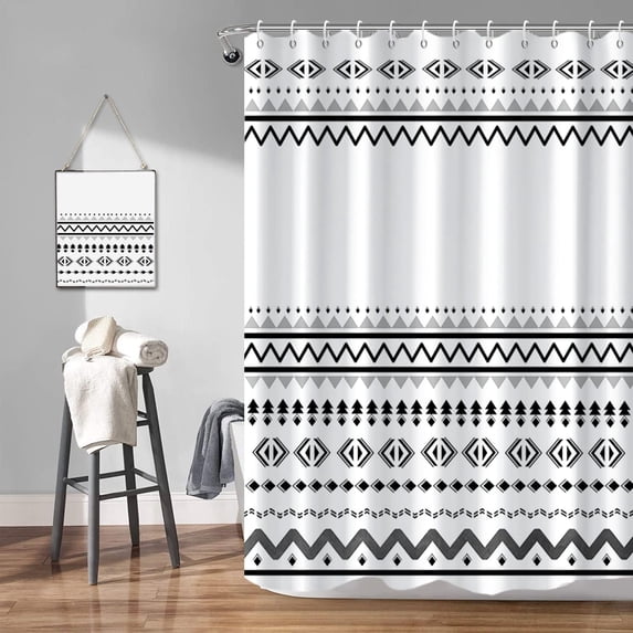 Abstract Pattern Bathroom Shower Curtain White Black Stripes Wave Waterproof Polyester Shower Curtains with Hooks Geometric Shower Curtain for Modern Home Decorative, 72x72 Inch