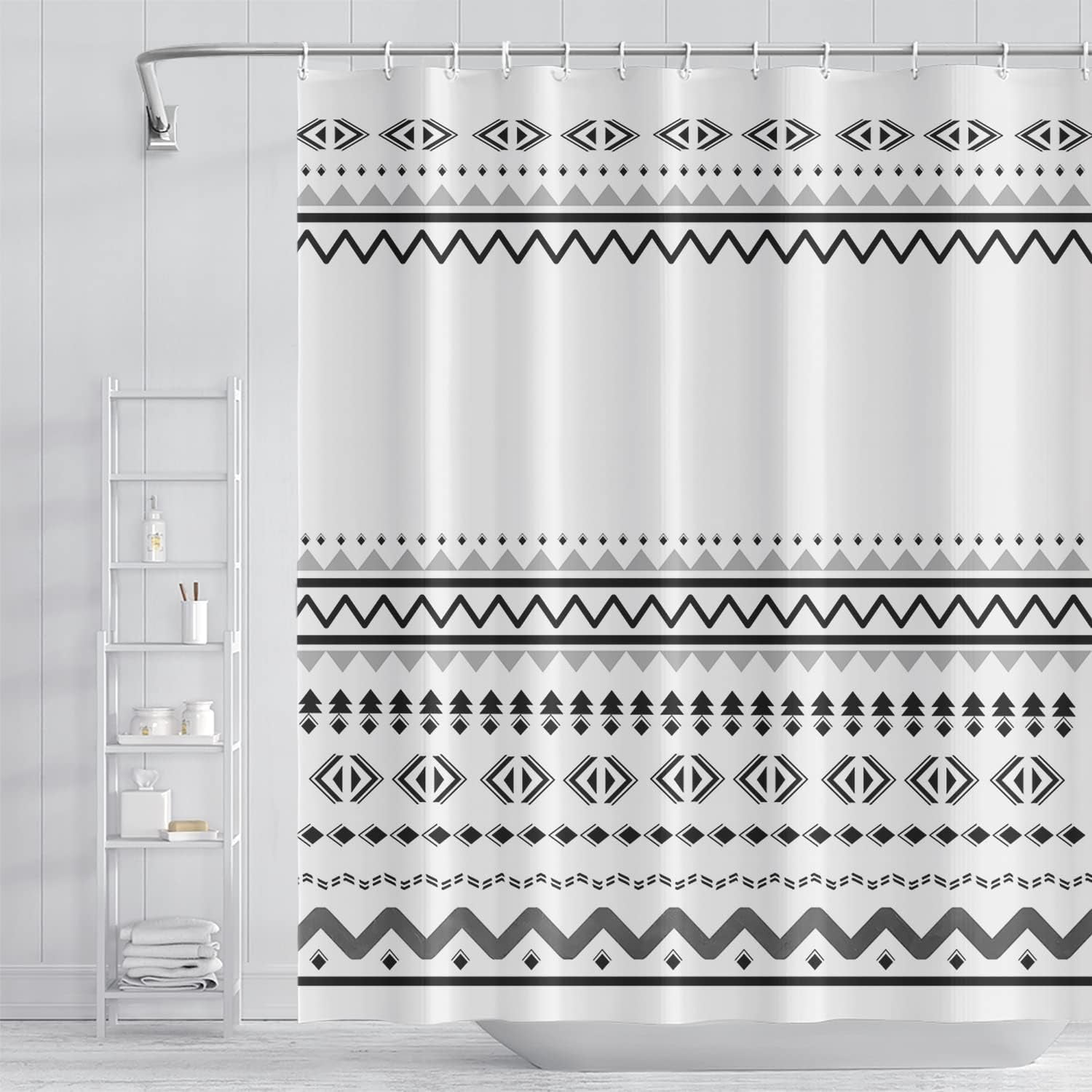 Abstract Pattern Bathroom Shower Curtain White Black Stripes Wave Waterproof Polyester Shower Curtains with Hooks Geometric Shower Curtain for Modern Home Decorative, 72x84 Inch