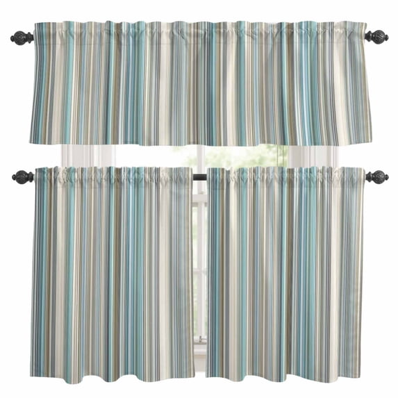 Abstract Pattern Kitchen Curtains Valances and Tiers Set of 3 Colorful Stripes Modern Style Retro Tier Curtains and Valance with Rod Pocket for Small Windows, 27.5"x24"