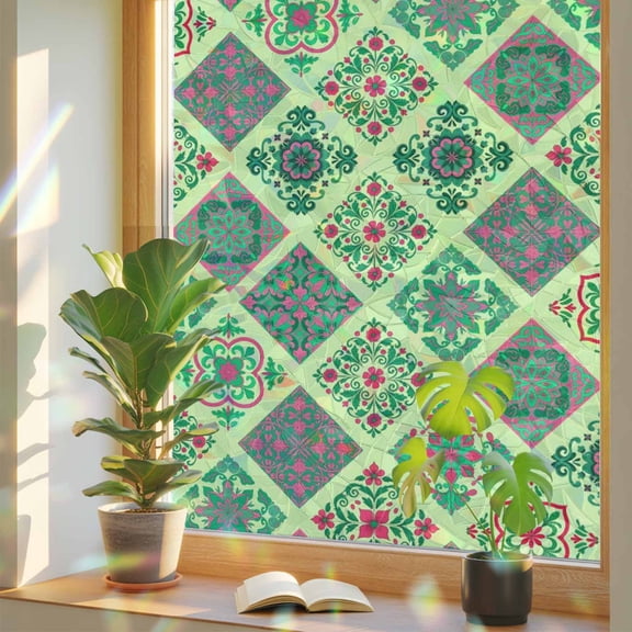 Abstract Pattern Retro Geometric Window Privacy Film, Rainbow Film Decorative Window Sticker 17.7x39.3in, Green Brick Textures Sun Blocking Static Stained Glass Cling Tint Non-Adhesive