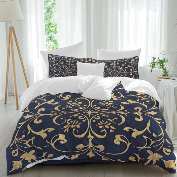 Abstract Pattern Twin Duvet Cover Set, Golden Flower Baroque Style Navy ...