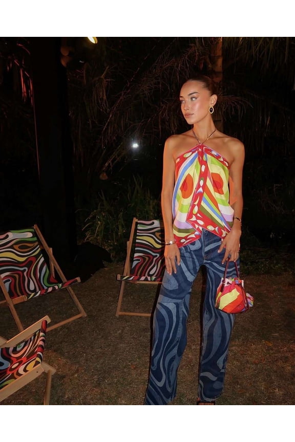 Abstract Pattern Wide-Leg Jeans (L, Blue)