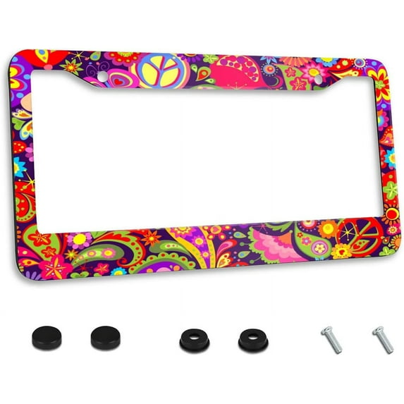 Abstract Peace Flowers Mushrooms License Plate Frame Newest Customized Decorative Frames Metal Car Cover Tag Holder with 2 Holes and Screws 12 x 6 Inch for US Vehicles Standard for Women Men