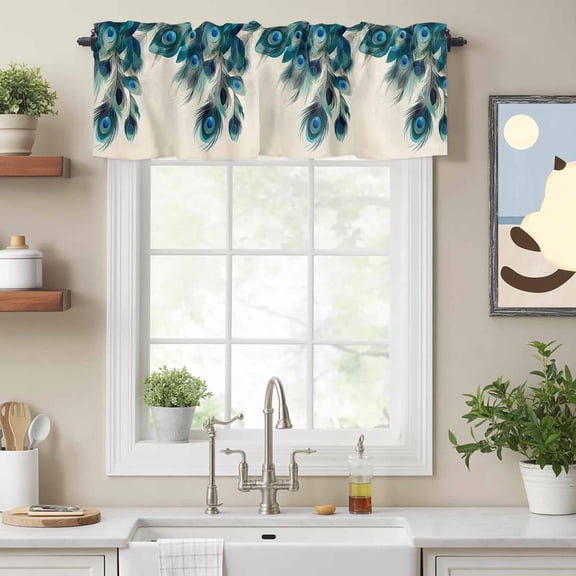 Abstract Peacock Feather on Beige Valances for Windows,Kitchen Valance Rod Pocket Short Curtain, Animal Plume Art Valance Curtain Window Valances for Bedroom Bathroom Living Room 54x18in