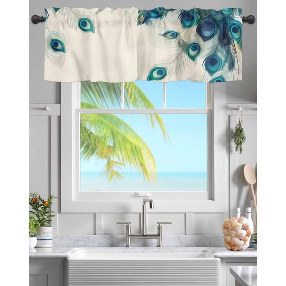 Abstract Peacock Feather Curtain Valances for Kitchen Windows,Rod Pocket Short Valance Realistic Animal Texture Small Window Treatment for Living Room Bathroom Bedroom,42"x12"-1 Panel