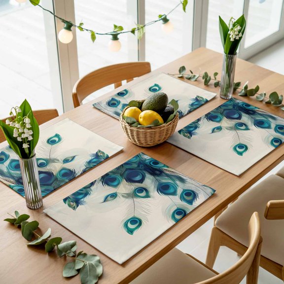 Abstract Peacock Feather Placemats Set of 4,Wipeable Washable Table Mats for Dining Tables, Realistic Animal Texture Place Mats for Kitchen Event Party Tabletop Decor