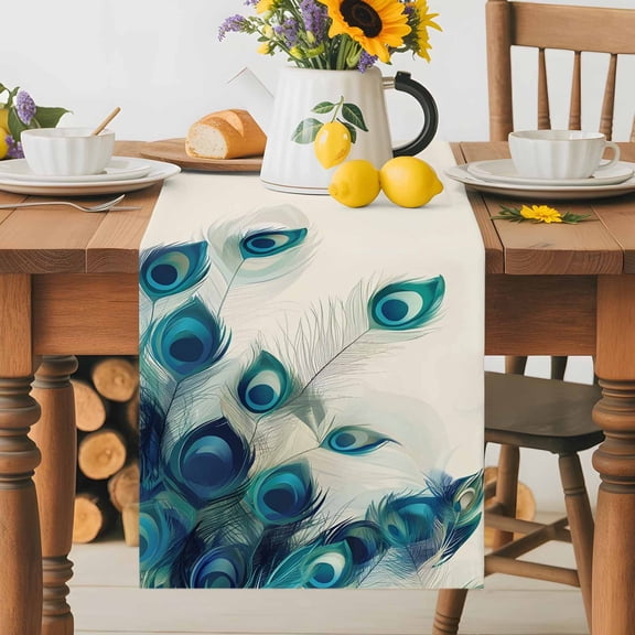 Abstract Peacock Feather Table Runner 36 Inches Long, Realistic Animal Texture Table Runners Tabletop Scarf Kitchen Dining Tables Decoration for Home Party Indoor Outdoor