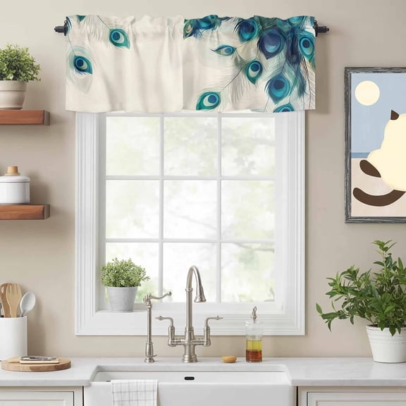 Abstract Peacock Feather Valances for Windows,Kitchen Valance Rod Pocket Short Curtain, Realistic Animal Texture Valance Curtain Window Valances for Bedroom Bathroom Living Room 54x18in