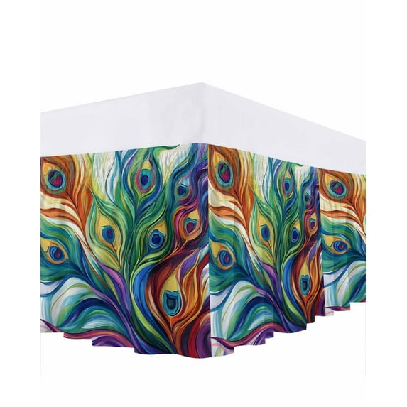 Abstract Peacock Feathers Bed Skirt California King Size 16" Drop Colorful Oil Painting Art Ruffled Wrap Around Bed Skirts Adjustable Elastic Bedskirt Dust Ruffle for California King Size Bed