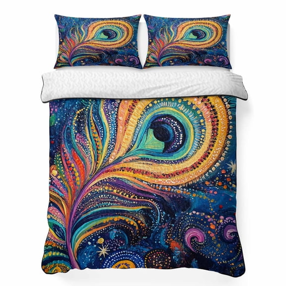Abstract Peacock Feathers California King Quilt Bedding Set, Blue Ombre Lightweight Comforter with 2 Pillow Shams Bedroom Bedspread Set Home Decor for All Seasons