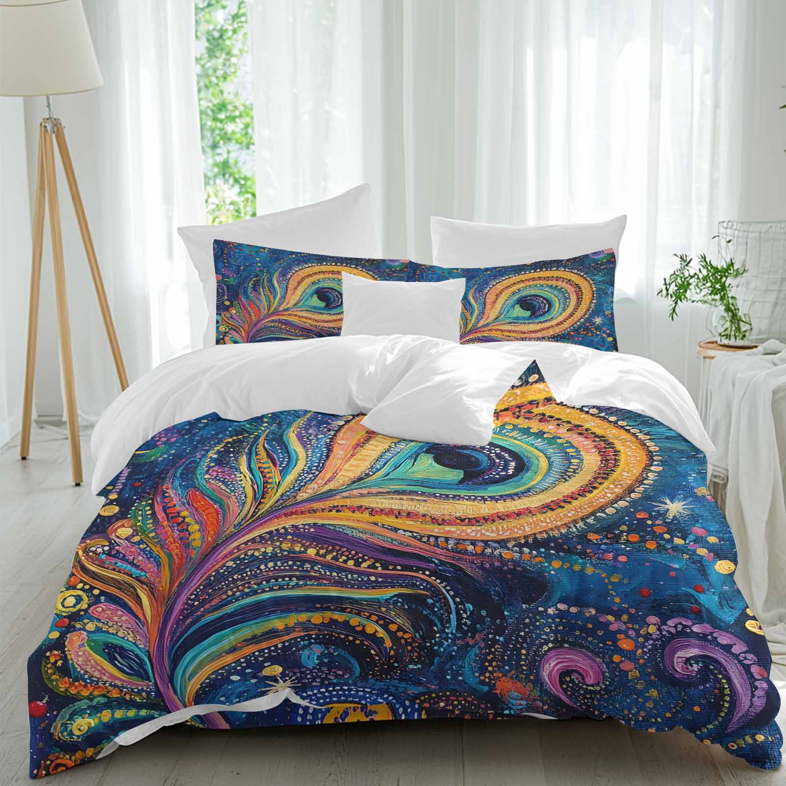 Abstract Peacock Feathers Duvet Cover Set King Size, Blue Ombre 4 Piece Soft Microfiber Bedding Set with 1 Duvet Cover, 1 Flat Sheet, 2 Pillowcases