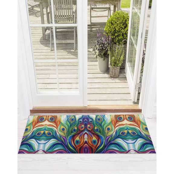 Abstract Peacock Feathers Front Door Mat Colorful Oil Painting Art Welcome Doormat Indoor Outdoor Entrance Floor Mat Non-Slip Washable Runner Rug for Front Porch Decor 16x47 Inch