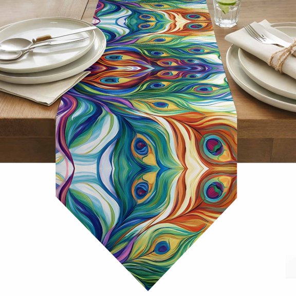 Abstract Peacock Feathers Table Runner 48 Inches Long Colorful Oil Painting Art Table Runners for Dining Room Tabletop Dresser Scarf Home Party Banquet Wedding Holiday Decoration
