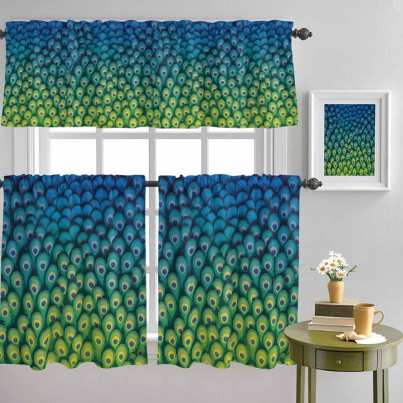 Abstract Peacock Texture Curtain Tier and Valance Set 3 Piece, Green Blue Yellow 3-inch Rod Pocket Window Tier Curtains Valance for Kitchen Living Room