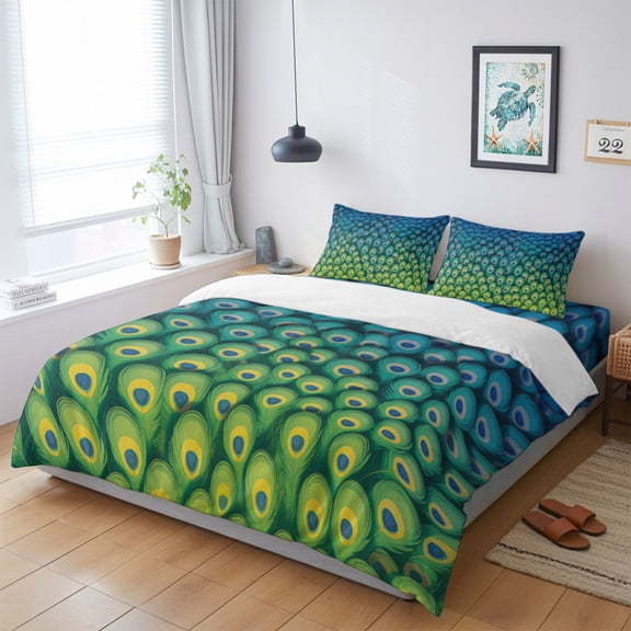 Abstract Peacock Texture King Size Bed Set,Green Blue Yellow Bedding for All Seasons,4 Pcs Bed Set with 1 Quiltcover (104"x90"),1 Sheet (108"x98"),2 Pillowcases (20"x36")