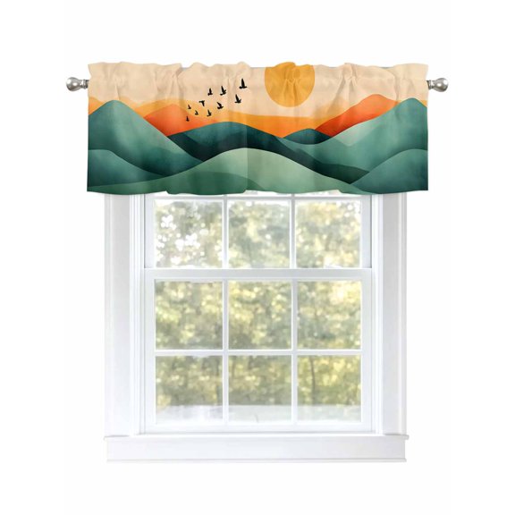 Abstract Peaks Birds Valances for Windows, Rod Pocket Kitchen Valance Curtains - Soft & Washable Small Window Treatment for Living Room, Bathroom, Orange Sky , 42x12 Inch, 1 Panel