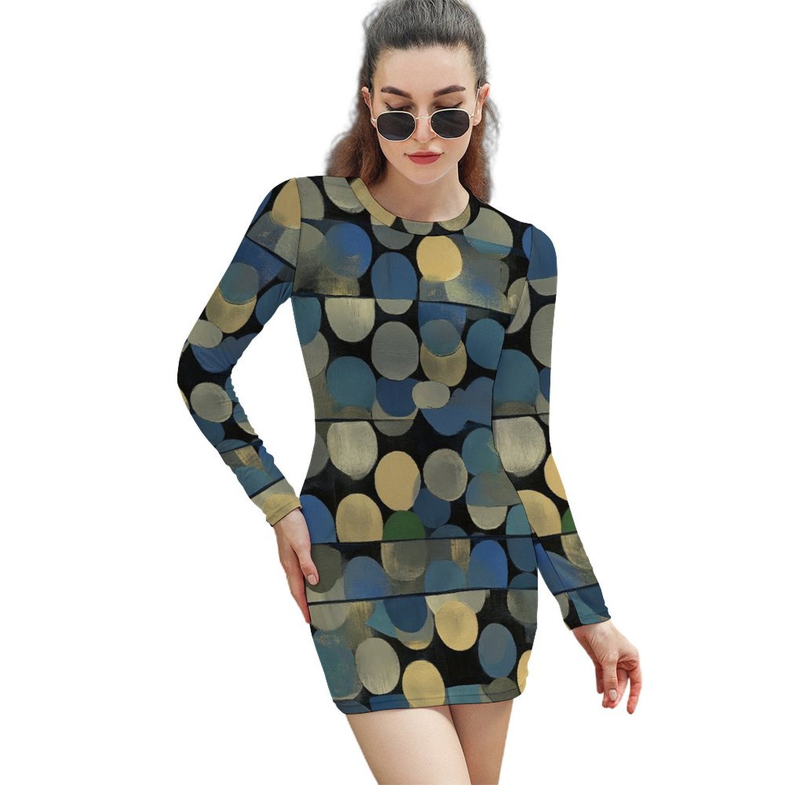 Abstract Pebble Layered Art Women's Long Sleeve Bodycon Dress Soft ...