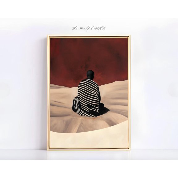 Abstract People Burgundy Striped Afro Portrait Afrocentric Desert Print, Unframed Paper Print Size 16x24