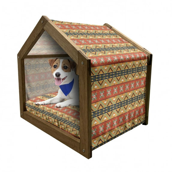 Abstract Pet House, Colorful Geometric Pattern of Bohemian Motifs Zigzags Design Pattern, Outdoor & Indoor Portable Dog Kennel with Pillow and Cover, 5 Sizes, Seafoam Orange Indigo, by Ambesonne
