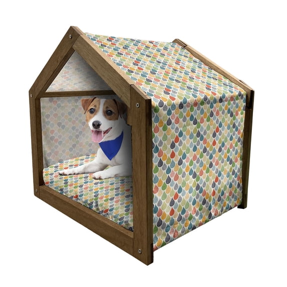 Abstract Pet House, Colorful Large Drop Dots Pattern in Various Tones Retro Funky Fashion Graphic, Outdoor & Indoor Portable Dog Kennel with Pillow and Cover, 5 Sizes, Multicolor, by Ambesonne