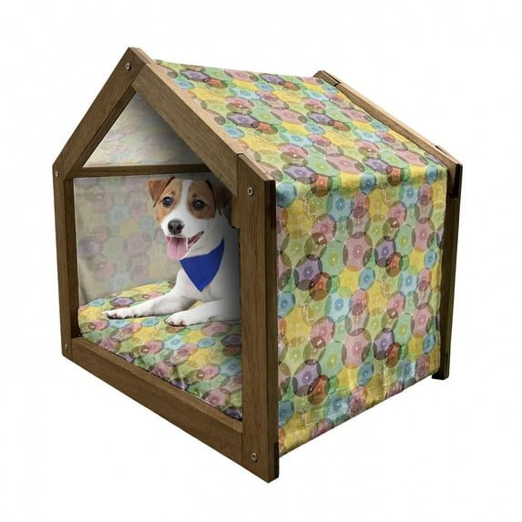 Abstract Pet House, Geometrical Image Rounds with Vintage Retro Designwith Rainbow Colors Art Print, Outdoor & Indoor Portable Dog Kennel with Pillow and Cover, 5 Sizes, Multicolor, by Ambesonne