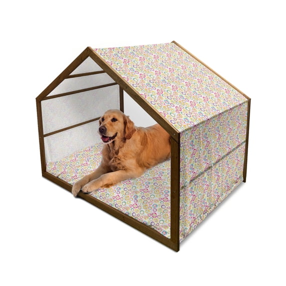 Abstract Pet House, Pattern with Circles and Dots Bubble Rings Spotted Springtime Enjoyment Theme, Outdoor & Indoor Portable Dog Kennel with Pillow and Cover, 5 Sizes, Multicolor, by Ambesonne