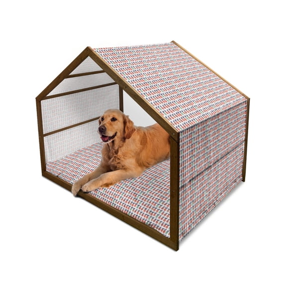 Abstract Pet House, Pineapples with Triangles Lines and Checkered Squares Fruit Design, Outdoor & Indoor Portable Dog Kennel with Pillow and Cover, 5 Sizes, Dark Coral Dark Blue, by Ambesonne