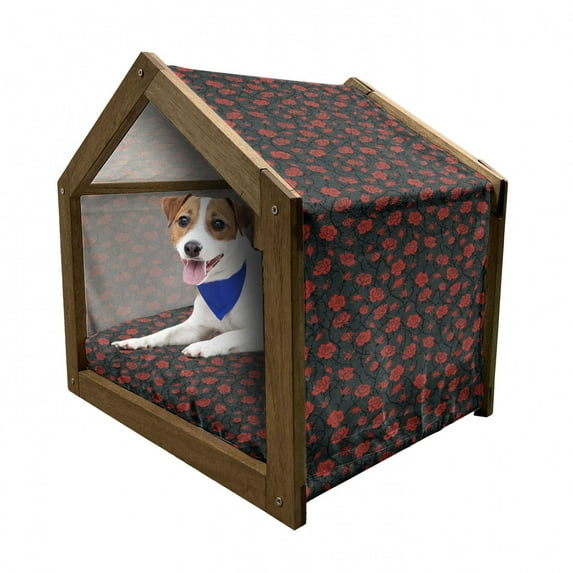 Abstract Pet House, Rose Swirls Ivy Plants Dark Mysterious Forest Themed Pattern, Outdoor & Indoor Portable Dog Kennel with Pillow and Cover, 5 Sizes, Charcoal Grey Ruby, by Ambesonne