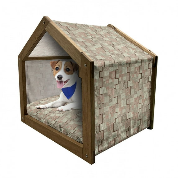 Abstract Pet House, Square Shaped Spiral with Inner Modern Geometric Illustration, Outdoor & Indoor Portable Dog Kennel with Pillow and Cover, 5 Sizes, Redwood Tan Red, by Ambesonne