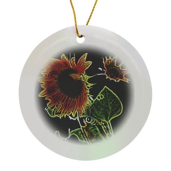 3drose, Abstract Photograph of Neon Outlined Sunflowers., Circle Porcelain Ornament