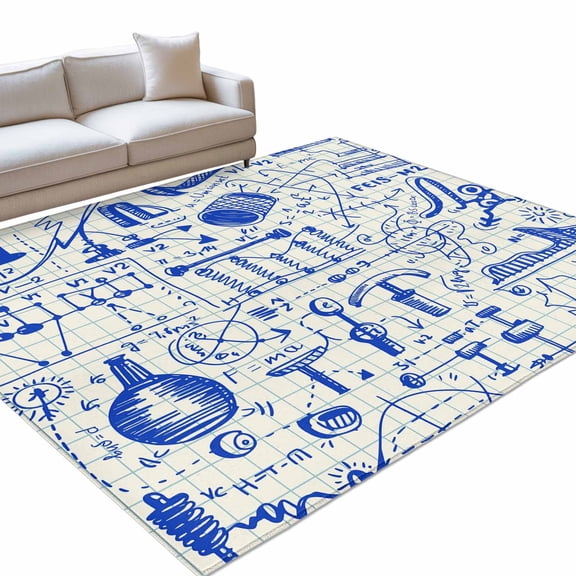 Abstract Physics Formula 6x9ft Non Slip Area Rug Equations Blue Pattern Model Washable Soft Area Rugs for Living Room, Indoor Circle Carpet for Bedroom Dining Room Kitchen