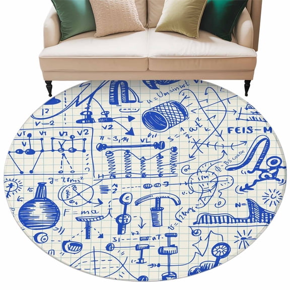 Abstract Physics Formula Area Rug, Equations Blue Pattern Model Washable Large Circle Carpet, Non Slip Round Rug for Living Room/Bedroom/Dining Room/Home Office/Dorm