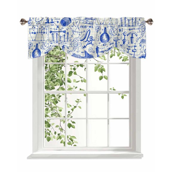Abstract Physics Formula Tie Up Valances Curtain, Equations Blue Pattern Model Kitchen Valances for Windows Decor, Rod Pocket Short Curtains Set for Bedroom/Bathroom, 60"x18"