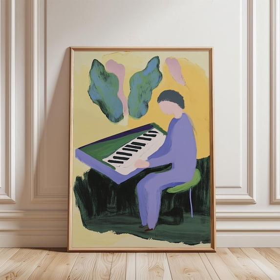 Abstract Piano Man Minimalist Music Room Decor Contemporary Art, Stretched Canvas 12x16in